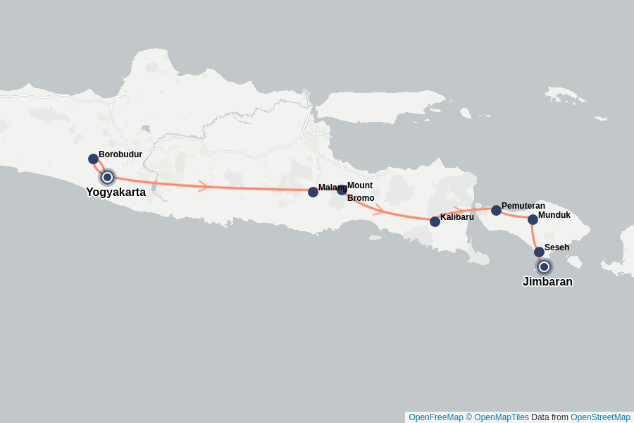 Itinerary Map image for 16 jours de circuit en Indonésie : Java et Bali
