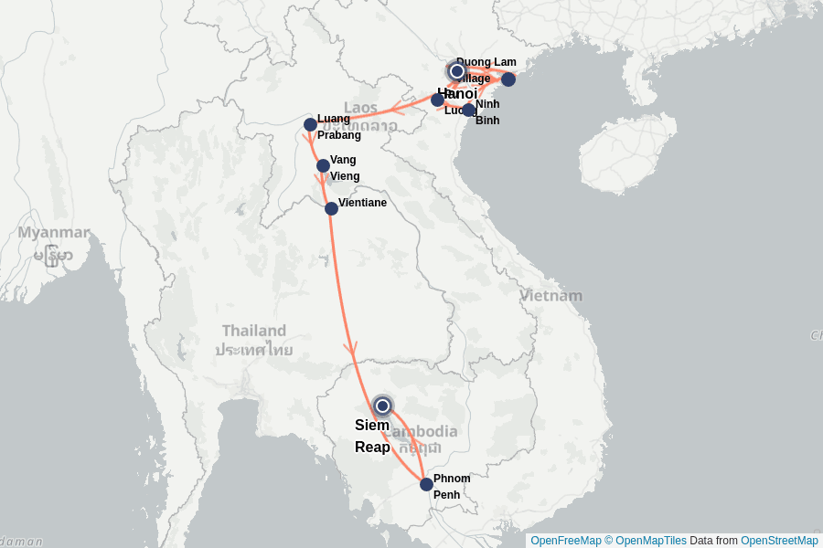 Itinerary Map image for Vietnam, Laos & Cambodge — Trilogie d’Indochine
