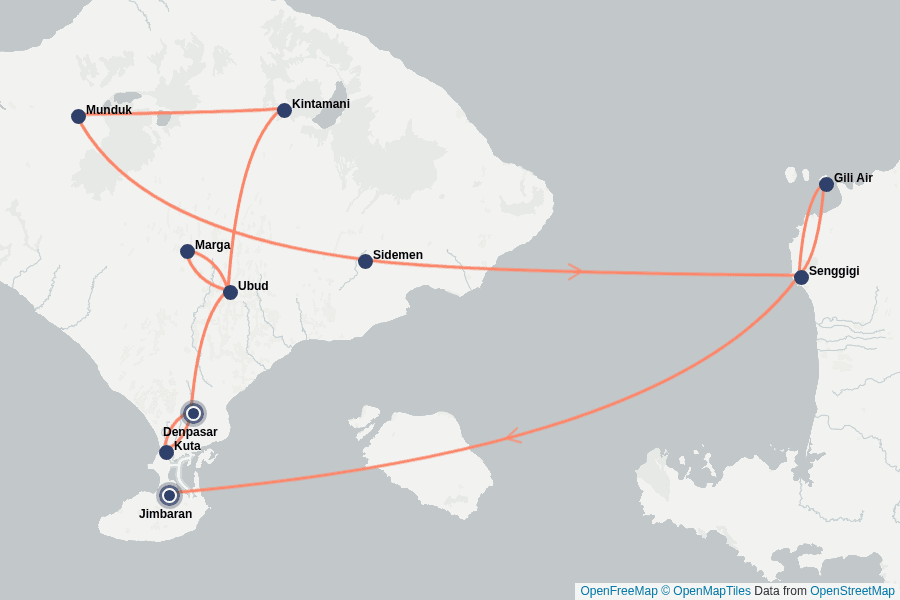 Itinerary Map image for Bali & Lombok – Escapade paradisiaque