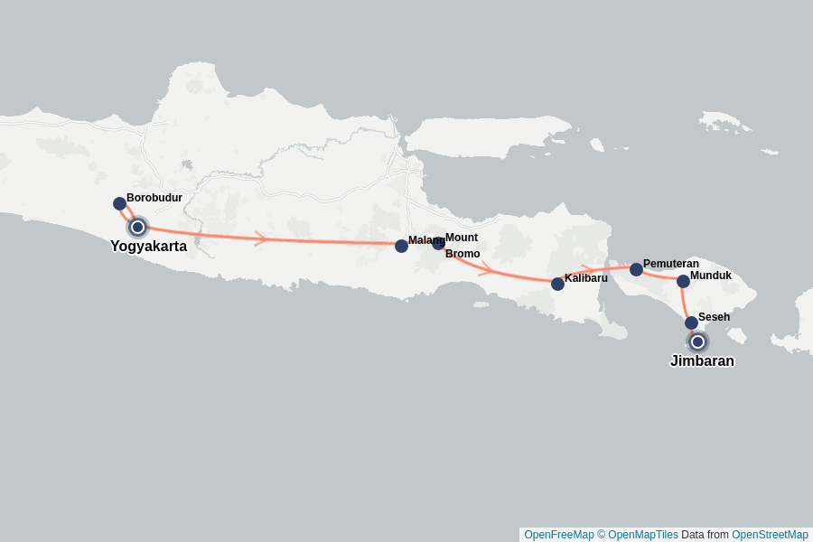 Itinerary Map image for 16 jours de circuit en Indonésie : Java et Bali